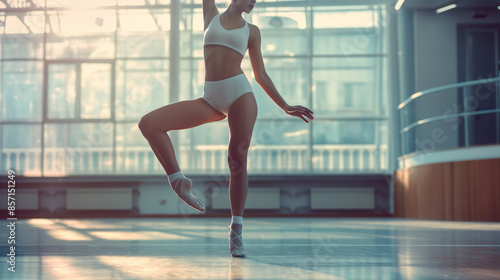 Ballet dancer posing on one leg in a sunlit studio.