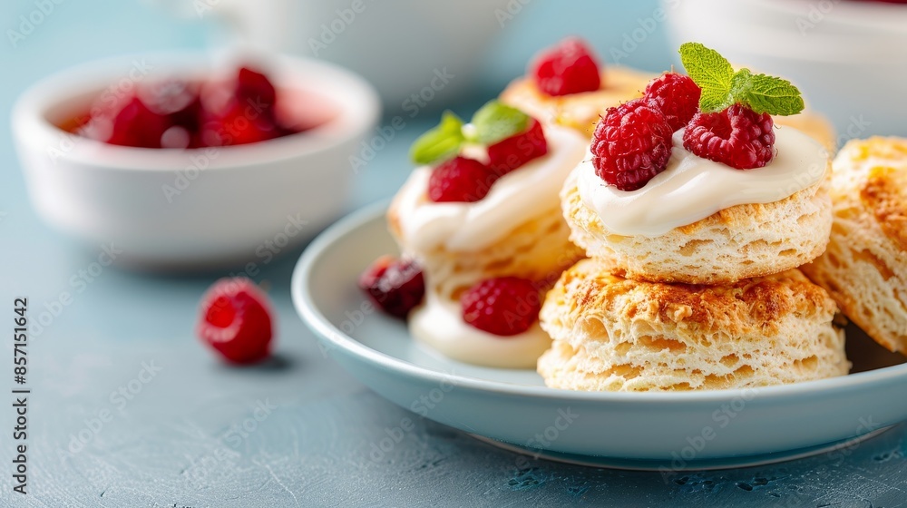 delicious raspberry and cream puff pastry on blue plate close-up.