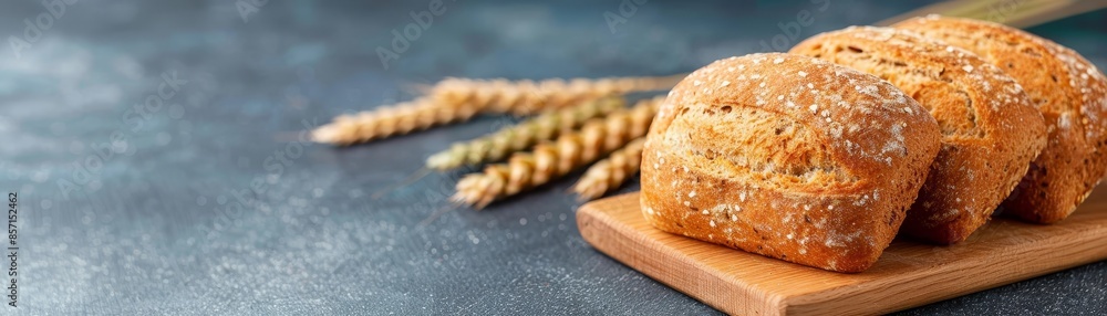 freshly baked bread rolls with wheat ears on rustic wooden board. freshly baked bread rolls with wheat ears on rustic wooden board.