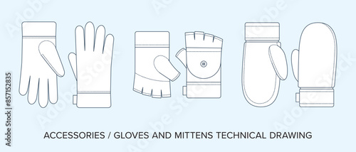 Blank Gloves and Mittens Technical Drawing, Accessories Blueprint for Fashion Designers. Detailed Editable Vector Illustration, Black and White Schematics, Isolated Background