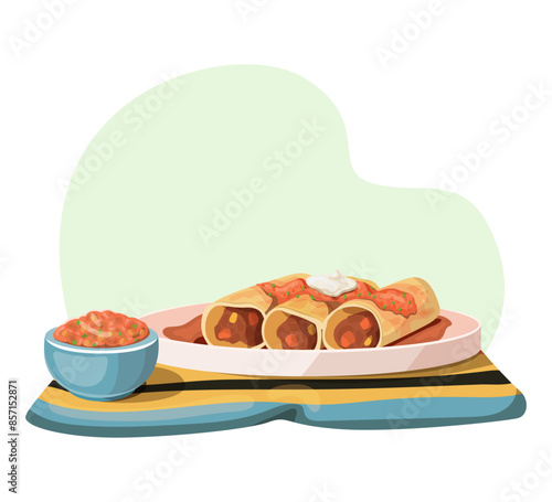 Enchiladas with salsa and sour cream.