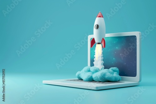 Successful online internet business. Sales skyrocketing, fast ecommerce growth. Rocket coming out of laptop screen, blue background