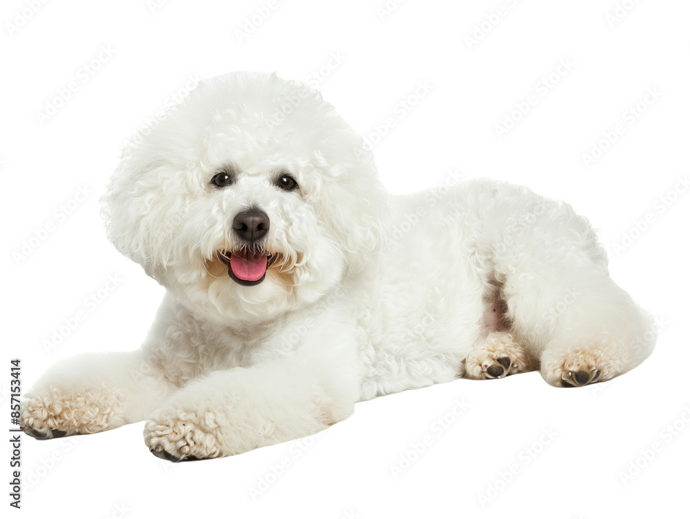 Full body shot of Bichon Frise dog, lying down, smiling. Full body shot of Bichon Frise dog, lying down, smiling.