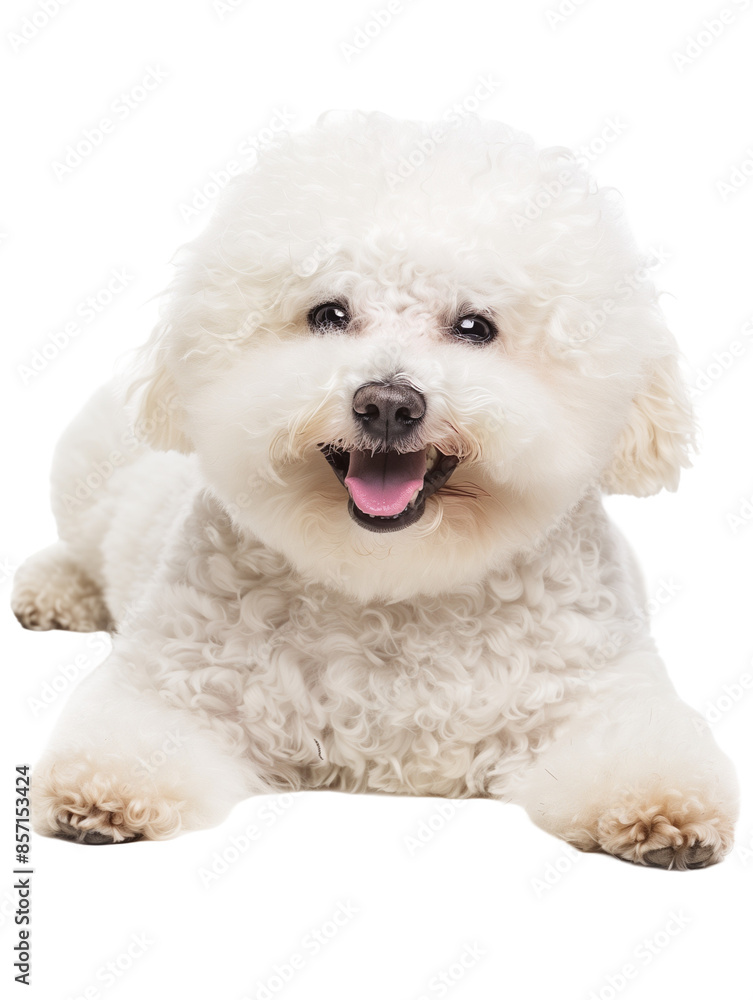 Full body shot of Bichon Frise dog, lying down, smiling.