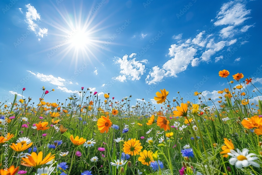 Feild of flower under sunshine with clear sky Feild of flower under sunshine with clear sky