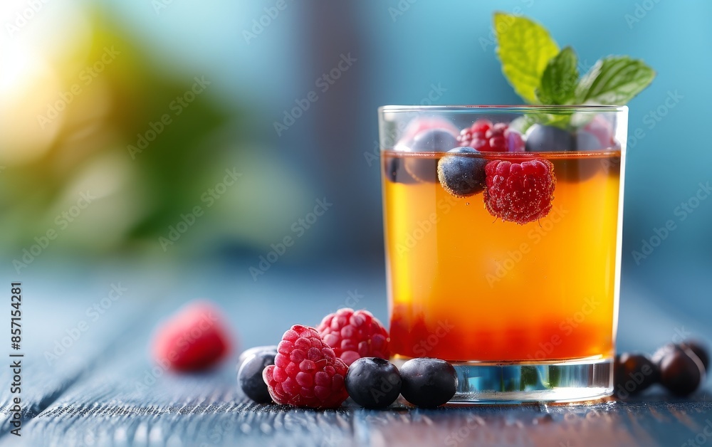 refreshing summer berry drink with mint in a glass on a rustic wooden table. refreshing summer berry drink with mint in a glass on a rustic wooden table.