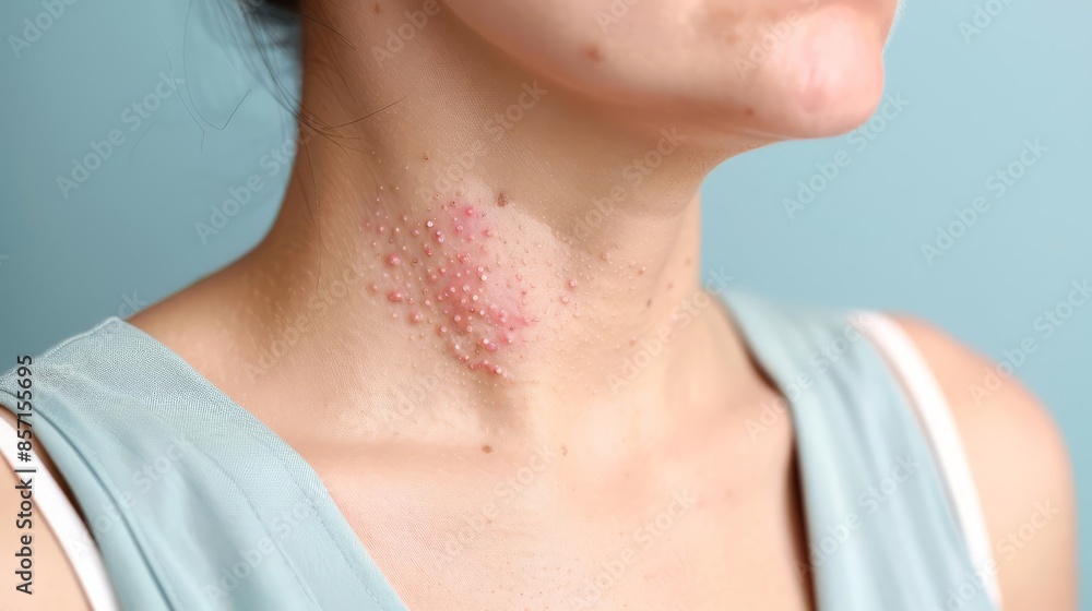 Drug-induced dermatitis on chest, Adverse reaction, Realistic depiction of widespread skin inflammation due to medication Drug-induced dermatitis on chest, Adverse reaction, Realistic depiction of widespread skin inflammation due to medication