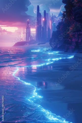 Futuristic coastal city at dusk with glowing bioluminescent waves illuminating the shoreline beneath a vibrant sky.