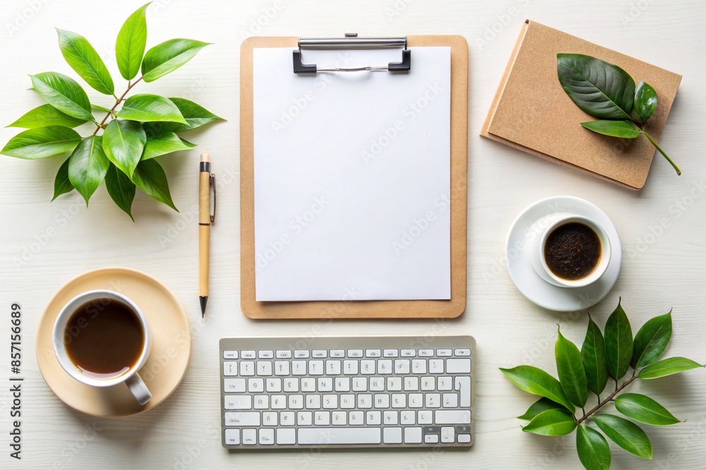 An overhead view of an office desk, with a blank clipboard, keyboard, various stationery items, pencil, green leaf, and coffee cup on a white background An overhead view of an office desk, with a blank clipboard, keyboard, various stationery items, pencil, green leaf, and coffee cup on a white background