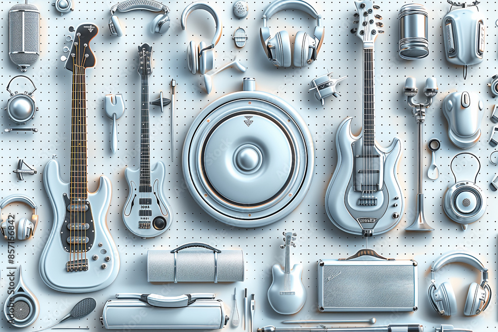 Fototapeta premium A power tool with an abstract design, on the background of which the energy of rock music is transmitted. Macro photography of an abstract music poster