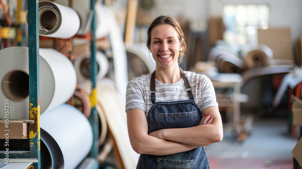 A smiling woman dressed in casual work attire stands confidently with crossed arms in a vibrant, creative studio environment. A smiling woman dressed in casual work attire stands confidently with crossed arms in a vibrant, creative studio environment.