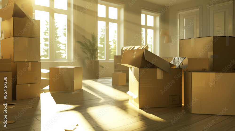 Golden sunlight streams through large windows into a room filled with unpacked cardboard boxes, symbolizing new beginnings and transitions. Golden sunlight streams through large windows into a room filled with unpacked cardboard boxes, symbolizing new beginnings and transitions.