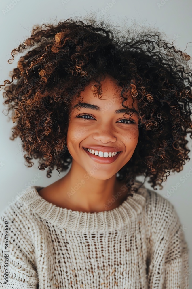 A young woman with naturally curly hair smiles warmly, expressing happiness and confidence against a plain background A young woman with naturally curly hair smiles warmly, expressing happiness and confidence against a plain background