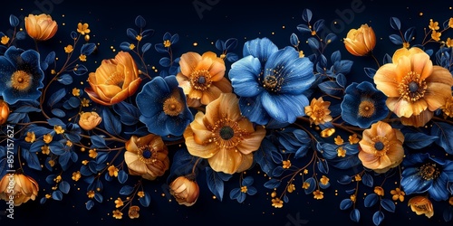 Elegant Blue And Orange Floral Illustration Against A Dark Background