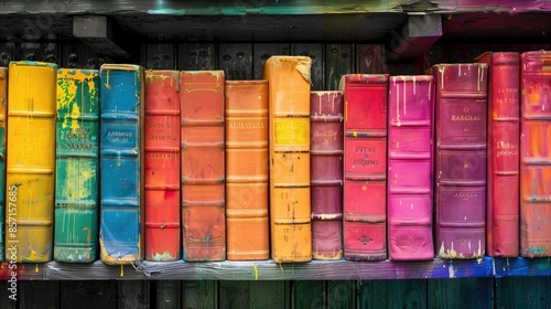 "Colorful Books on a Shelf: Vibrant and Organized Display in a Modern Home Library Setting"