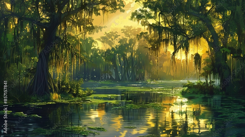 Obraz premium A bayou, with still waters reflecting the surrounding cypress trees and Spanish moss.