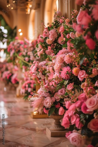 An elegant hall is lavishly decorated with lush pink flower arrangements, creating a luxurious and dreamy atmosphere for a grand event
