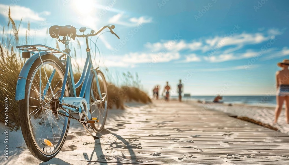 Fototapeta premium A beach cruiser bike parked on a boardwalk with the bright sun shining down and people walking along the sandy beach in the background.