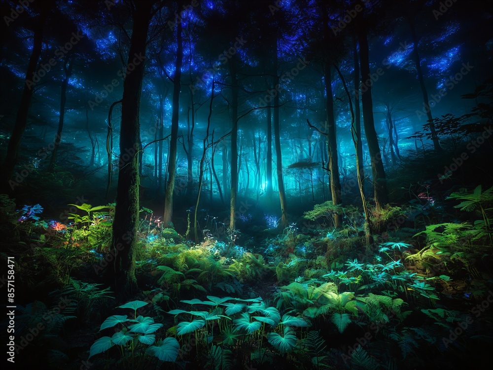 Fototapeta premium A Bioluminescent Nighttime Wonderland, A mesmerizing digital artwork depicting an enchanted forest bathed in the ethereal glow of bioluminescent plants and mushrooms