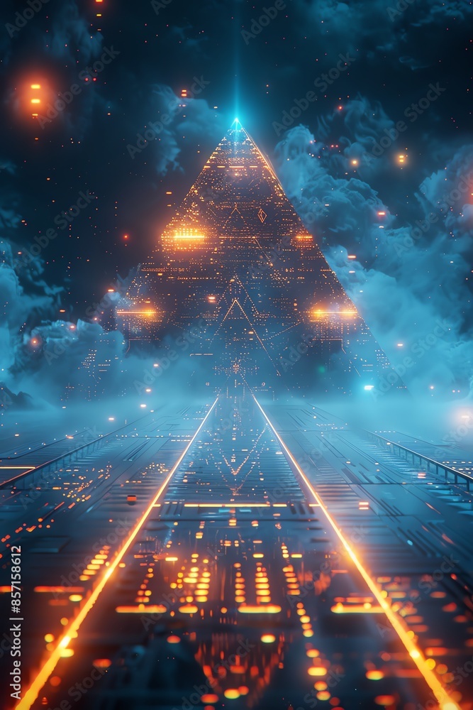 Futuristic pyramid glowing with blue and orange lights, digital matrix background