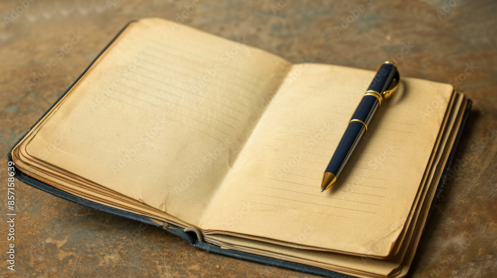 An old, worn lined notebook with a pen, capturing the essence of vintage writing and nostalgic reflections on a weathered surface. An old, worn lined notebook with a pen, capturing the essence of vintage writing and nostalgic reflections on a weathered surface.