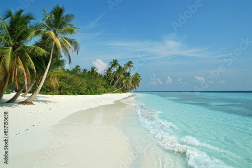 A beautiful beach with palm trees and clear blue water