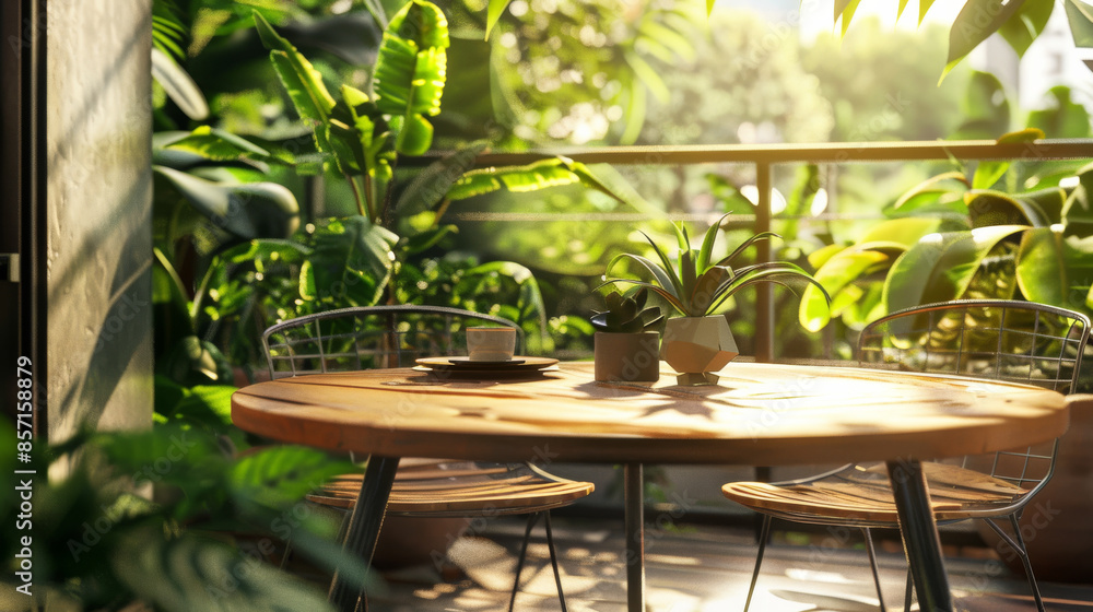 Sunlight floods a cozy, leafy balcony garden, highlighting a wooden table set for a serene morning with coffee and potted plants. Sunlight floods a cozy, leafy balcony garden, highlighting a wooden table set for a serene morning with coffee and potted plants.
