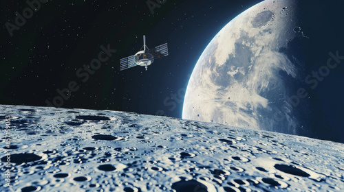 A satellite orbiting the moon captures a breathtaking view of Earth, highlighting the vast expanse of space and the marvels of human space exploration.