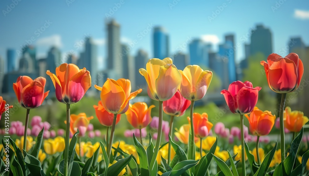Tulips in front of a city skyline, clear sky, vibrant colors, lowangle shot Tulips in front of a city skyline, clear sky, vibrant colors, lowangle shot