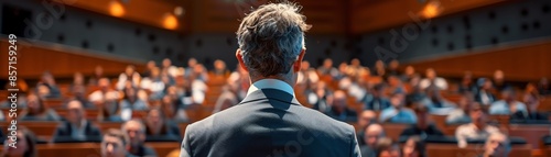 The back of a speaker addressing an attentive audience at a conference, showcasing leadership and the exchange of ideas