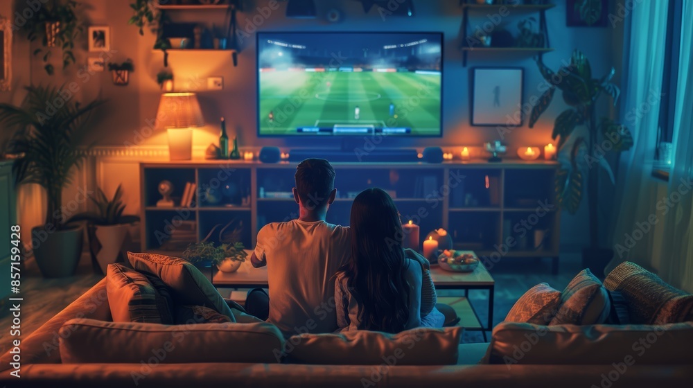 Cozy Living Room Soccer Match Night: Couple Relaxing With Snacks and Ambient Lighting Cozy Living Room Soccer Match Night: Couple Relaxing With Snacks and Ambient Lighting