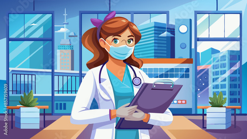Young female doctor in front of the Intensive Care Unit Health Care Centre.