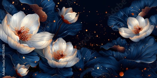 Elegant White Flowers Blooming on Dark Blue Leaves With Golden Dust