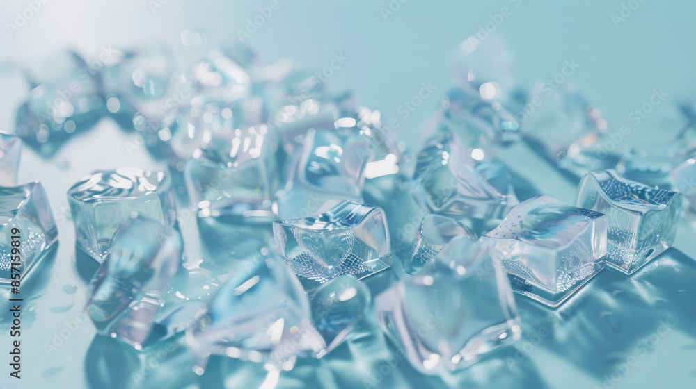A refreshing scene of scattered ice cubes on a light blue surface, glistening as they melt, creating a cool and sparkling effect.