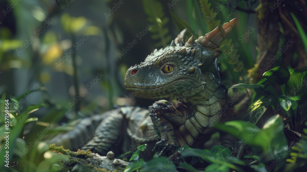 A majestic, mythical dragon rests among lush greenery, its textured scales and keen eyes highlighted by soft, ambient light. A majestic, mythical dragon rests among lush greenery, its textured scales and keen eyes highlighted by soft, ambient light.