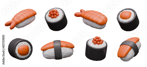 Collection of rolls and nigiri in 3D cartoon style. Appetizing portions
