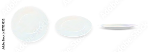 Plate. Set isolated white porcelain plates vector mockup in a realistic style on transparent background dining set of round dishes in different angles. Vector