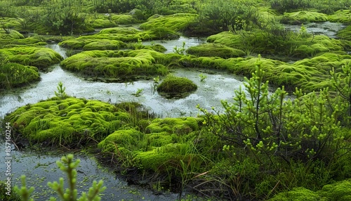 A bog, with wet, spongy ground and patches of vibrant green moss, under a cloudy sky. photo