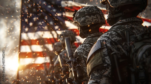 American soldiers by national USA flag on 4th July