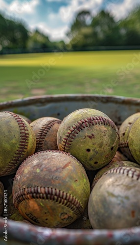 Worn Softballs in a Bucket on Training Field - Sports Equipment for Practice and Training Stock Photo