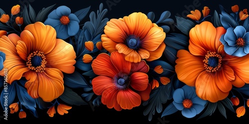 Wallpaper Mural Elegant Orange and Blue Floral Illustration Against a Dark Background Torontodigital.ca
