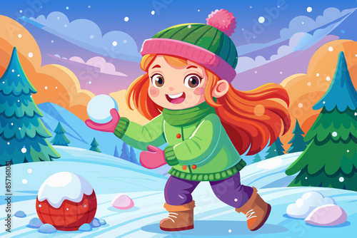 A young Caucasian girl with red hair wearing a colorful winter outfit including a green hat with a pom-pom, a pink jacket, and orange snow boots. She is holding a snowball and appears to be playing in