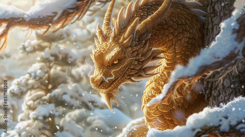 A charming scene of a golden dragon peeking out from behind a snowcovered tree, with the words May the New Year bring you joy and new adventures. A charming scene of a golden dragon peeking out from behind a snowcovered tree, with the words May the New Year bring you joy and new adventures.