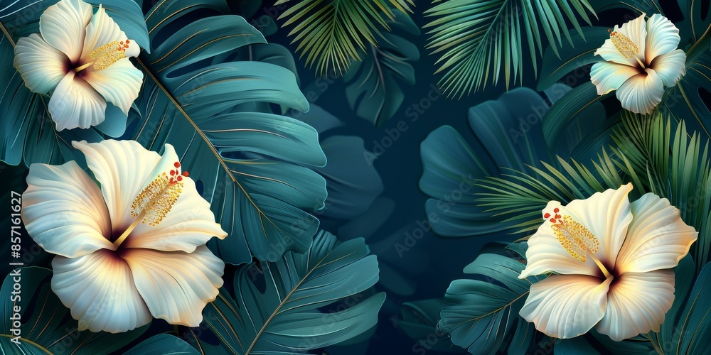 custom made wallpaper toronto digitalElegant White Hibiscus Flowers Amidst Lush Tropical Foliage
