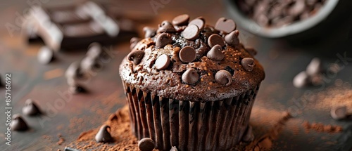A chocolate muffin with chocolate chips on top,