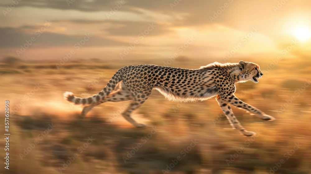 Obraz premium A cheetah sprinting across a sunlit savannah, radiating strength, agility, and wild beauty amidst a blurred golden landscape.