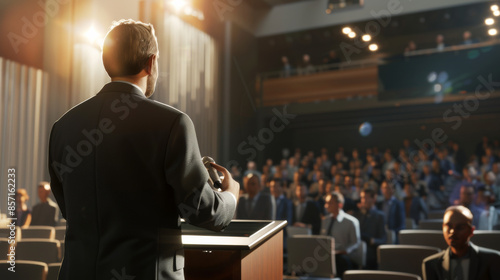A man addresses a captivated audience from a stage, his back to the camera, in a large, well-lit auditorium.
