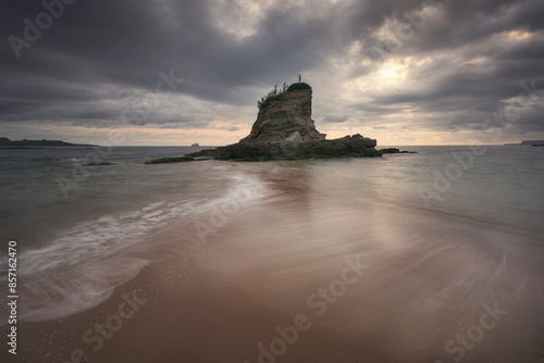 Cloudy sunrise on Camello beach, Santander, with water, sand and rocks in the foreground