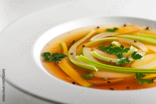 Deep Amber Caramelized Celery Essence Consomme with Potatoes