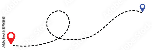 Route icon - two points with dotted path and location pin. Route location icon two pin sign and dotted line. Travel vector icon. Travel from start point and dotted line tracing.